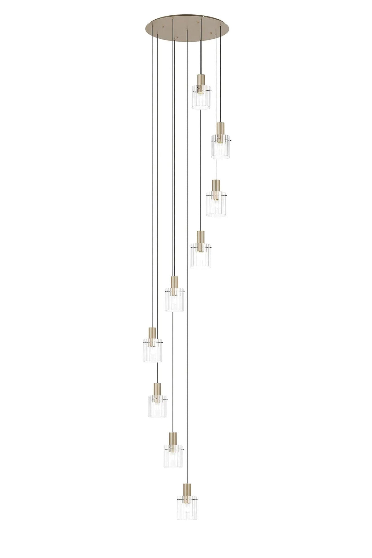 Aouchiche Round Pendant, 9 Light Adjustable E27, Light Gold/Clear Wide Line Glass