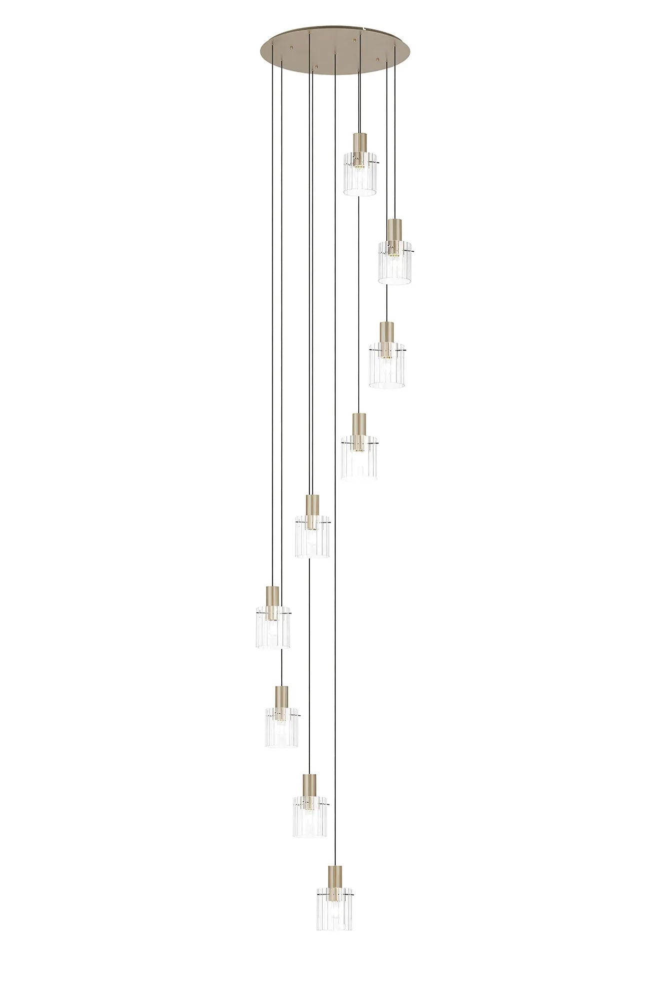 Aouchiche Round Pendant, 9 Light Adjustable E27, Light Gold/Clear Wide Line Glass