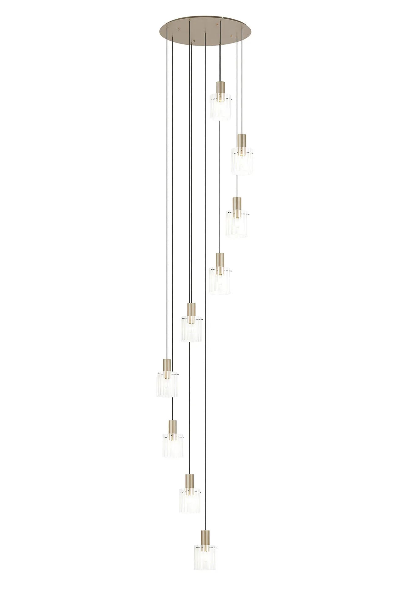 Aouchiche Round Pendant, 9 Light Adjustable E27, Light Gold/Frosted/Clear Wide Line Glass