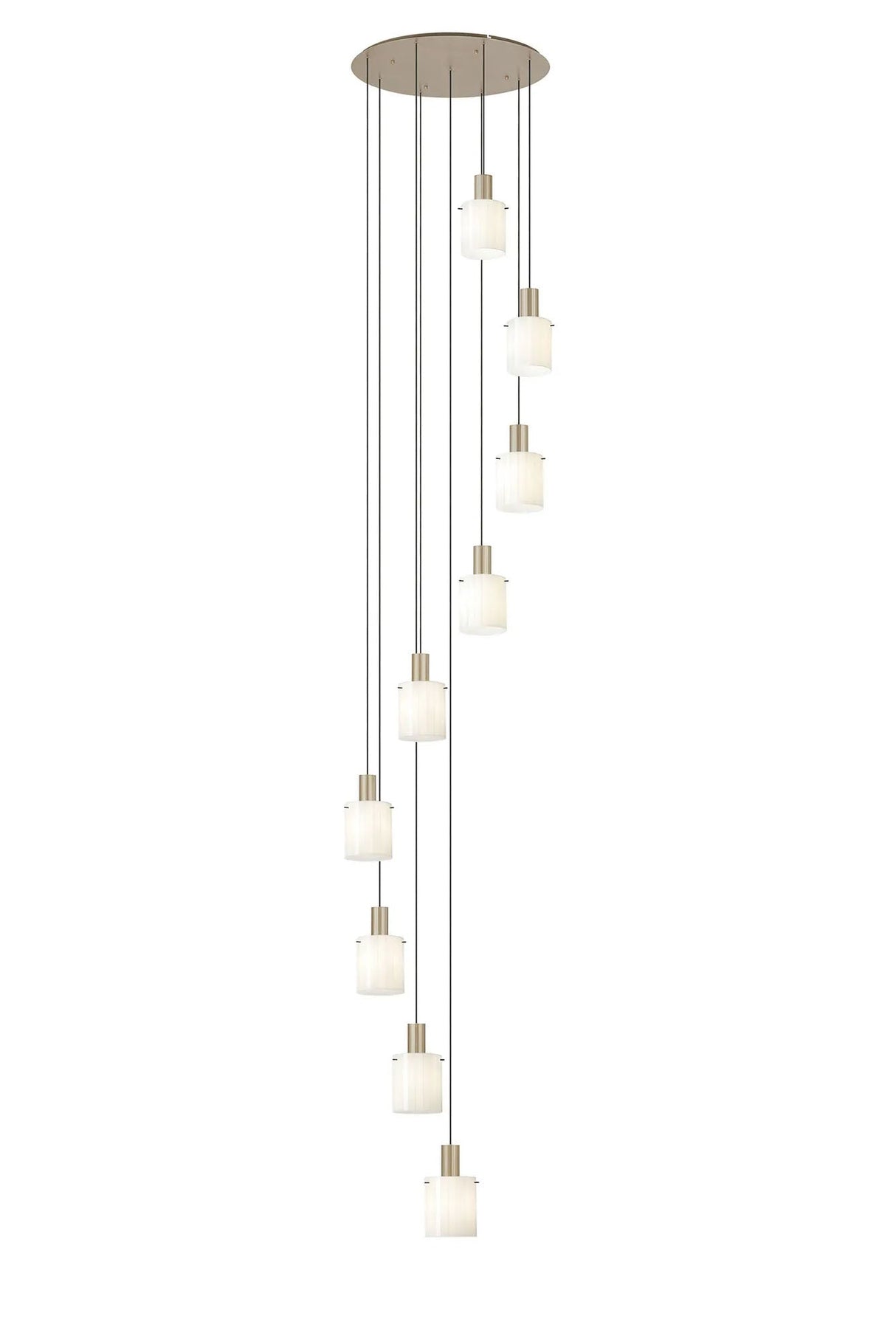 Aouchiche Round Pendant, 9 Light Adjustable E27, Light Gold/Gloss White Wide Line Glass