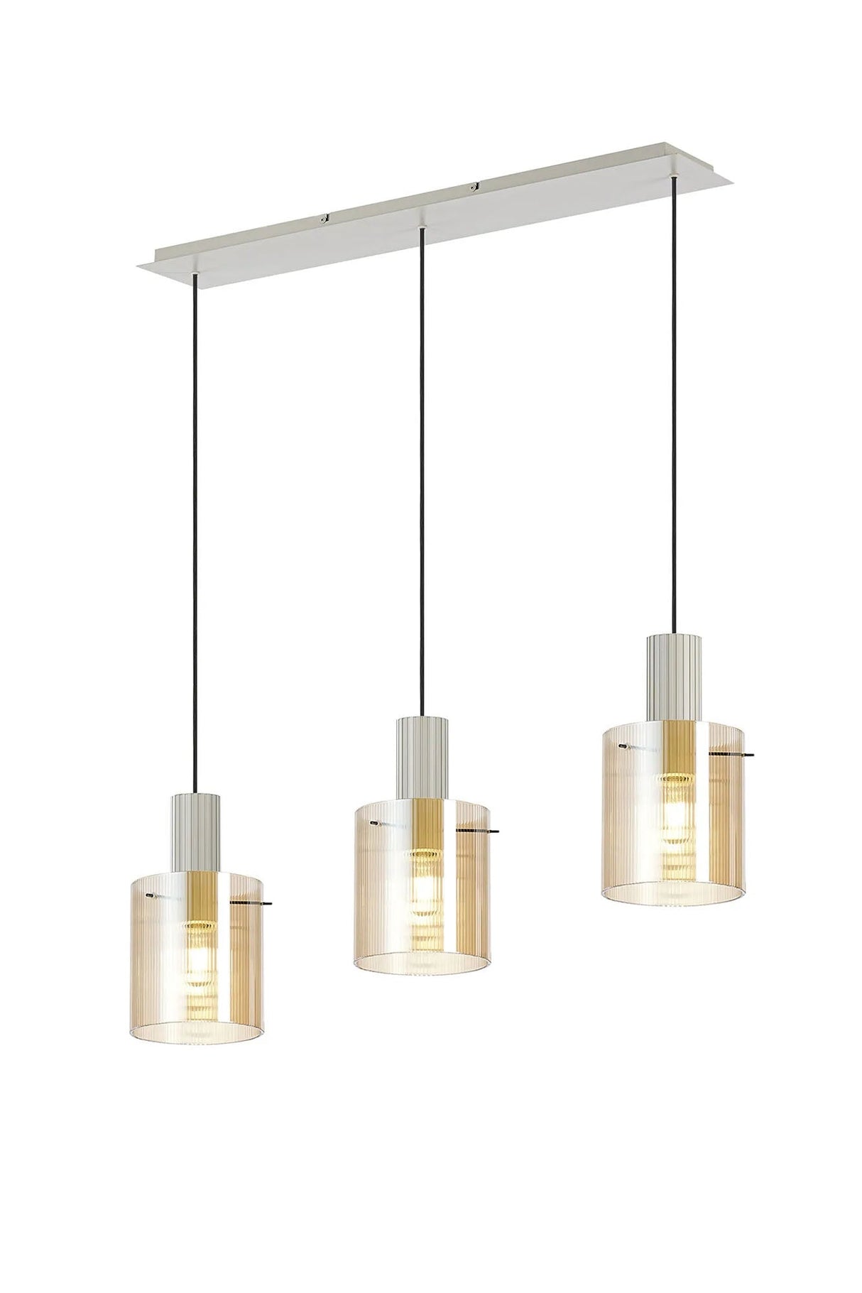 Aouchiche Linear Pendant, 3 Light Adjustable E27, Beige Stone/Amber Narrow Line Glass
