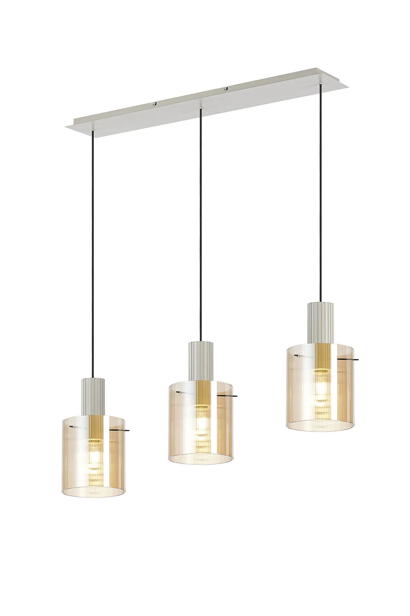 Aouchiche Linear Pendant, 3 Light Adjustable E27, Beige Stone/Amber Narrow Line Glass