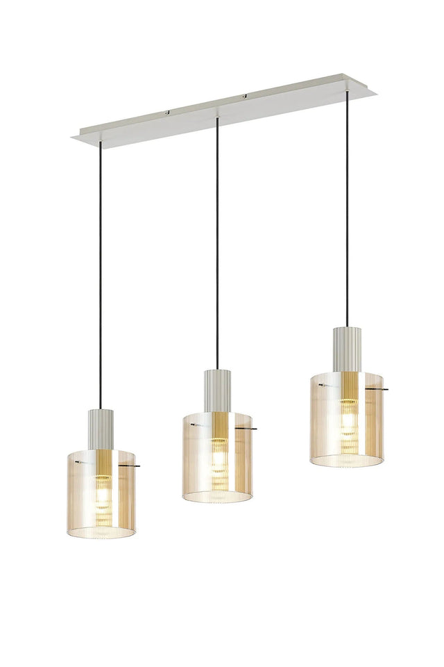 Aouchiche Linear Pendant, 3 Light Adjustable E27, Beige Stone/Amber Narrow Line Glass