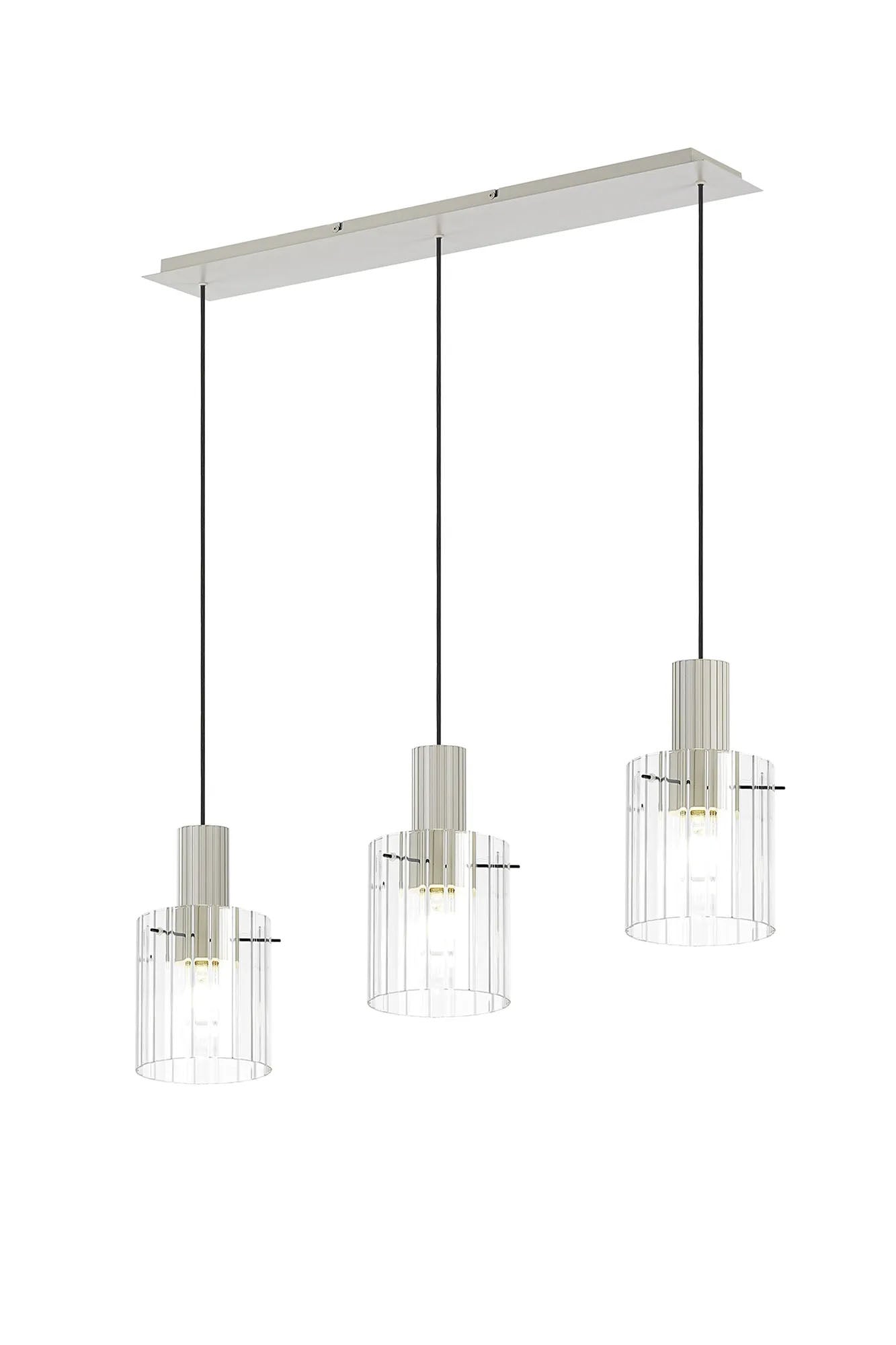 Aouchiche Linear Pendant, 3 Light Adjustable E27, Beige Stone/Clear Wide Line Glass