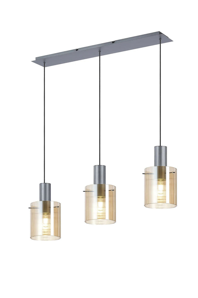 Aouchiche Linear Pendant, 3 Light Adjustable E27, Dark Grey/Amber Narrow Line Glass