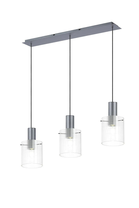 Aouchiche Linear Pendant, 3 Light Adjustable E27, Dark Grey/Clear Narrow Line Glass