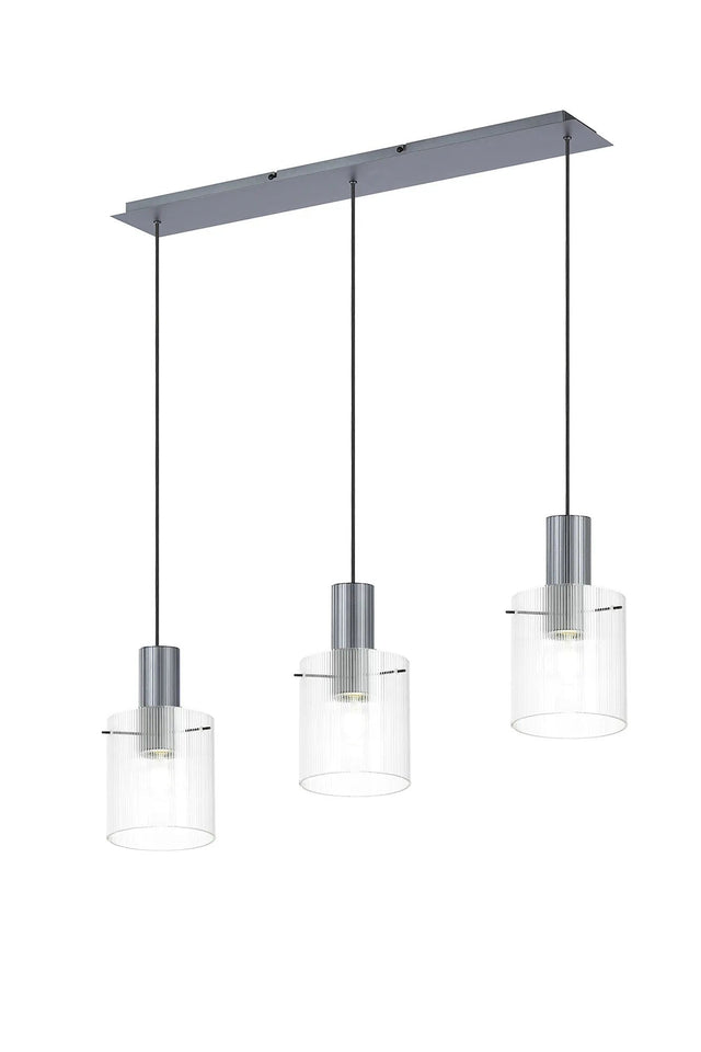 Aouchiche Linear Pendant, 3 Light Adjustable E27, Dark Grey/Clear Narrow Line Glass