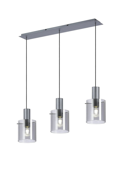 Aouchiche Linear Pendant, 3 Light Adjustable E27, Dark Grey/Smoke Narrow Line Glass