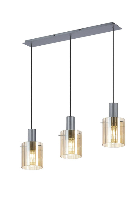 Aouchiche Linear Pendant, 3 Light Adjustable E27, Dark Grey/Amber Wide Line Glass