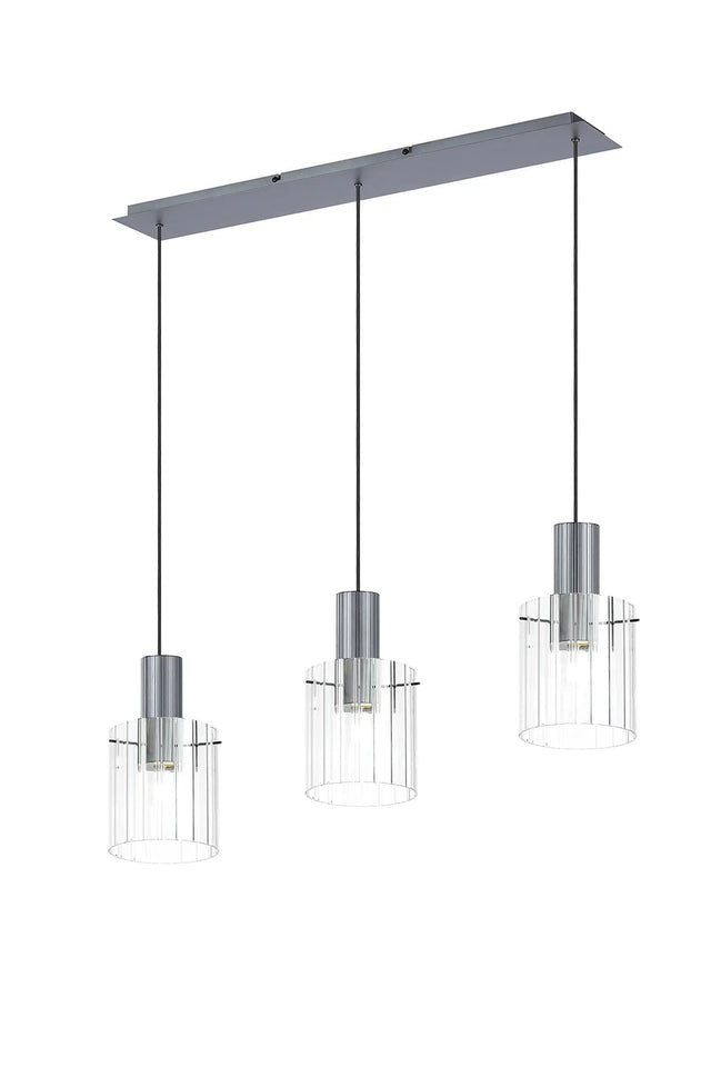Aouchiche Linear Pendant, 3 Light Adjustable E27, Dark Grey/Clear Wide Line Glass