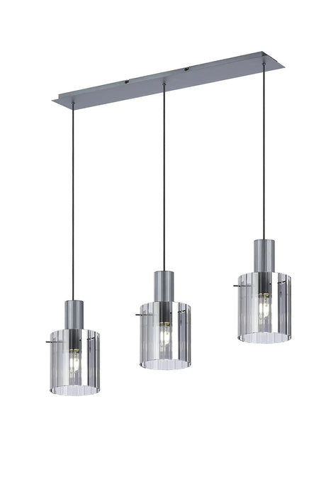 Aouchiche Linear Pendant, 3 Light Adjustable E27, Dark Grey/Smoke Wide Line Glass