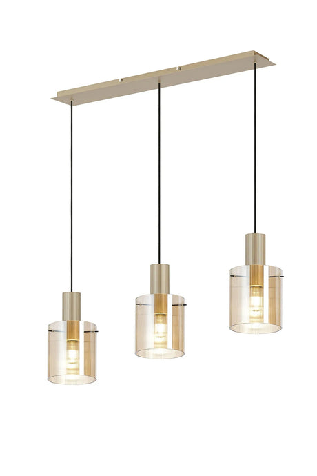 Aouchiche Linear Pendant, 3 Light Adjustable E27, Light Gold/Amber Narrow Line Glass