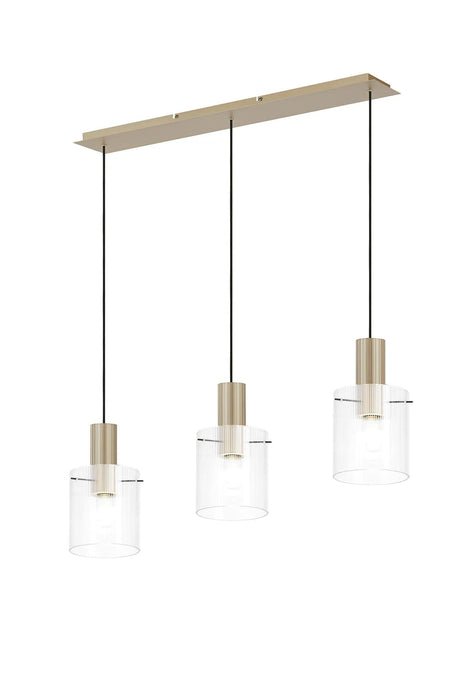 Aouchiche Linear Pendant, 3 Light Adjustable E27, Light Gold/Clear Narrow Line Glass