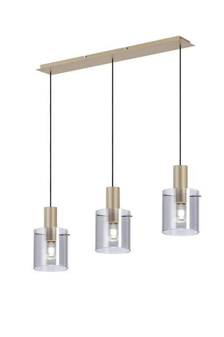 Aouchiche Linear Pendant, 3 Light Adjustable E27, Light Gold/Smoke Narrow Line Glass