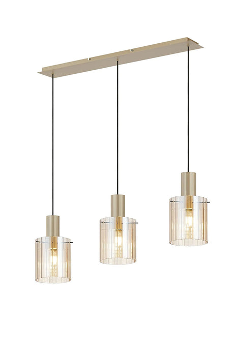 Aouchiche Linear Pendant, 3 Light Adjustable E27, Light Gold/Amber Wide Line Glass