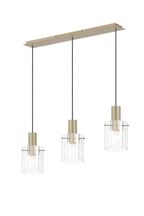 Aouchiche Linear Pendant, 3 Light Adjustable E27, Light Gold/Clear Wide Line Glass