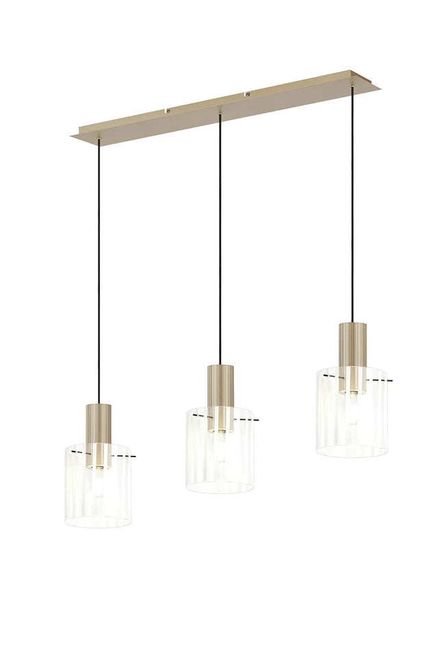 Aouchiche Linear Pendant, 3 Light Adjustable E27, Light Gold/Frosted/Clear Wide Line Glass