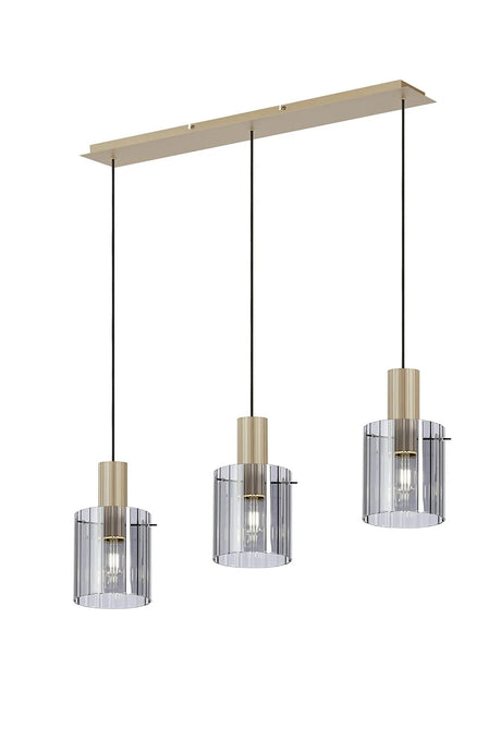 Aouchiche Linear Pendant, 3 Light Adjustable E27, Light Gold/Smoke Wide Line Glass