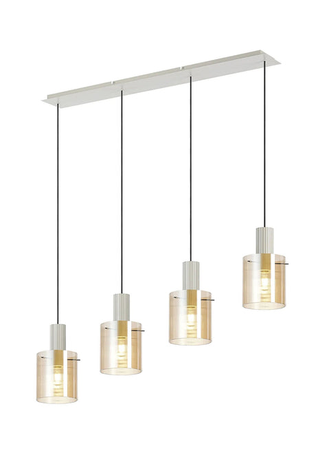 Aouchiche Linear Pendant, 4 Light Adjustable E27, Beige Stone/Amber Narrow Line Glass
