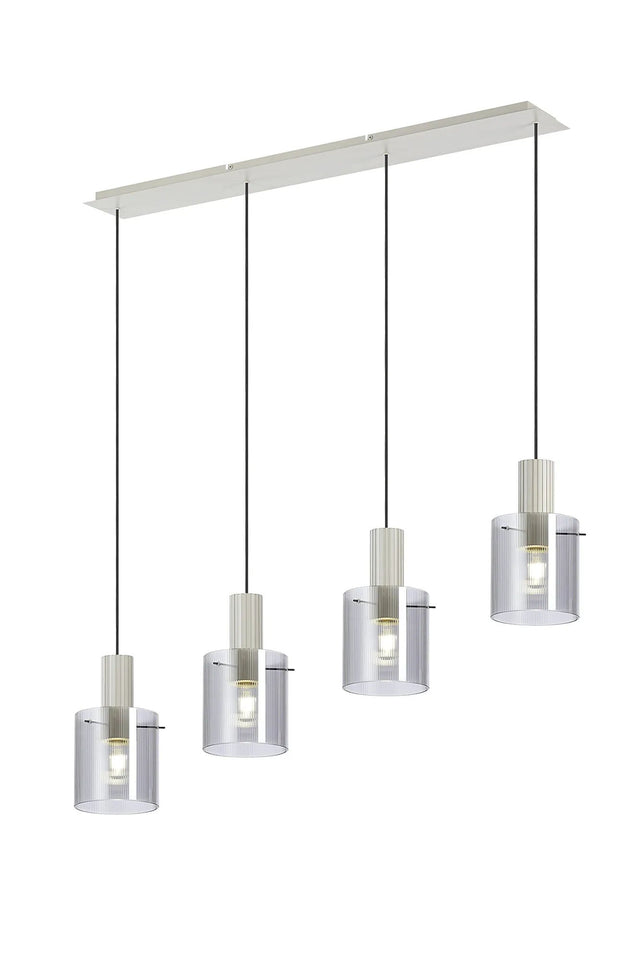 Aouchiche Linear Pendant, 4 Light Adjustable E27, Beige Stone/Smoke Narrow Line Glass