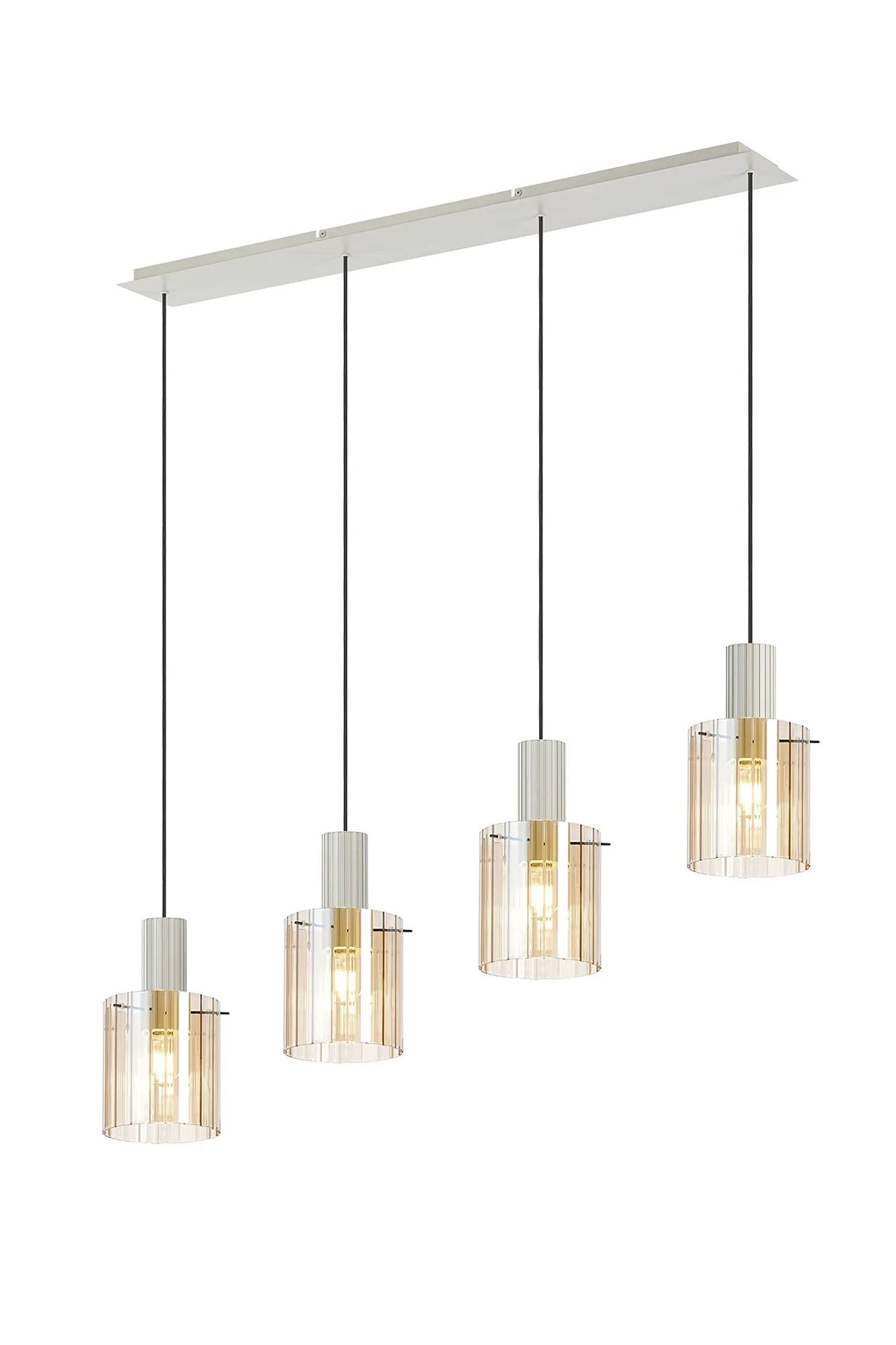 Aouchiche Linear Pendant, 4 Light Adjustable E27, Beige Stone/Amber Wide Line Glass