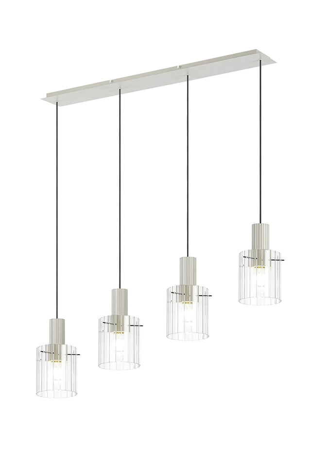 Aouchiche Linear Pendant, 4 Light Adjustable E27, Beige Stone/Clear Wide Line Glass