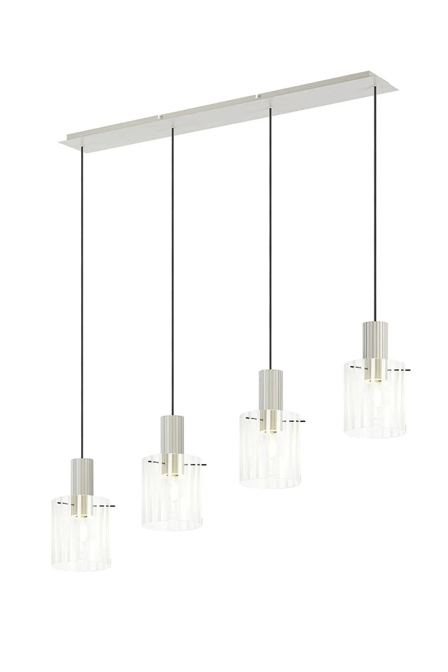 Aouchiche Linear Pendant, 4 Light Adjustable E27, Beige Stone/Frosted/Clear Wide Line Glass