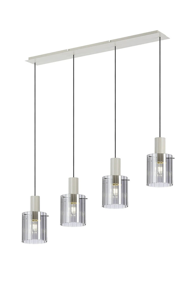 Aouchiche Linear Pendant, 4 Light Adjustable E27, Beige Stone/Smoke Wide Line Glass