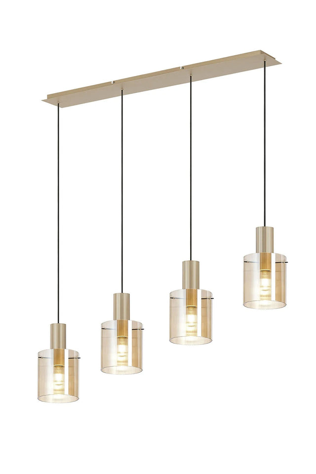 Aouchiche Linear Pendant, 4 Light Adjustable E27, Light Gold/Amber Narrow Line Glass
