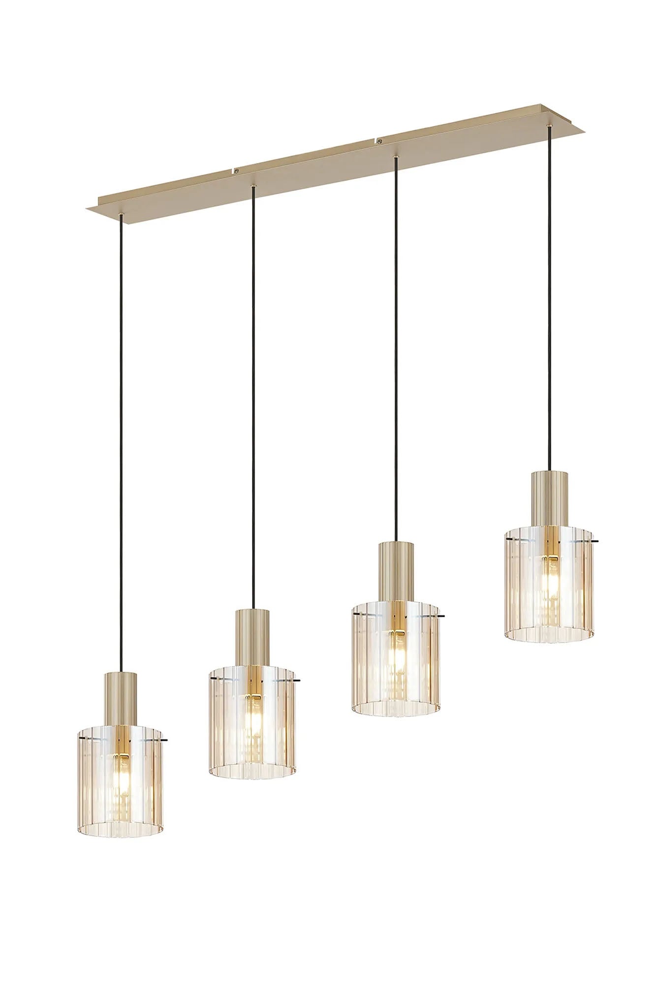 Aouchiche Linear Pendant, 4 Light Adjustable E27, Light Gold/Amber Wide Line Glass