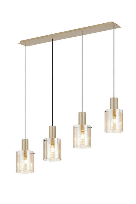 Aouchiche Linear Pendant, 4 Light Adjustable E27, Light Gold/Amber Wide Line Glass