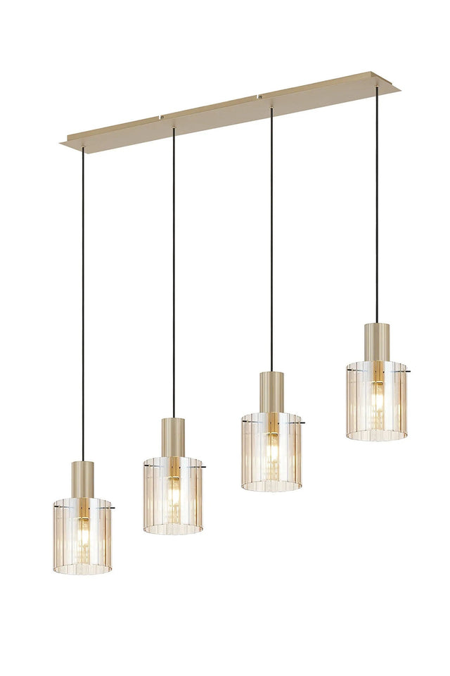 Aouchiche Linear Pendant, 4 Light Adjustable E27, Light Gold/Amber Wide Line Glass