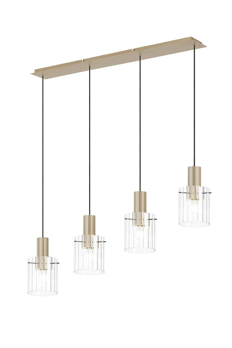 Aouchiche Linear Pendant, 4 Light Adjustable E27, Light Gold/Clear Wide Line Glass