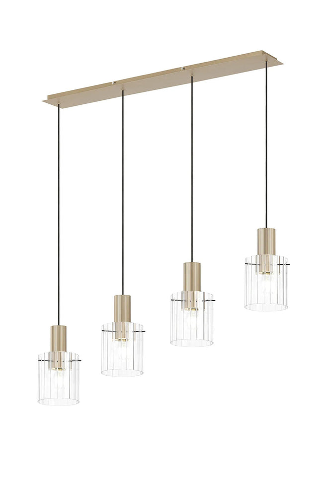 Aouchiche Linear Pendant, 4 Light Adjustable E27, Light Gold/Clear Wide Line Glass