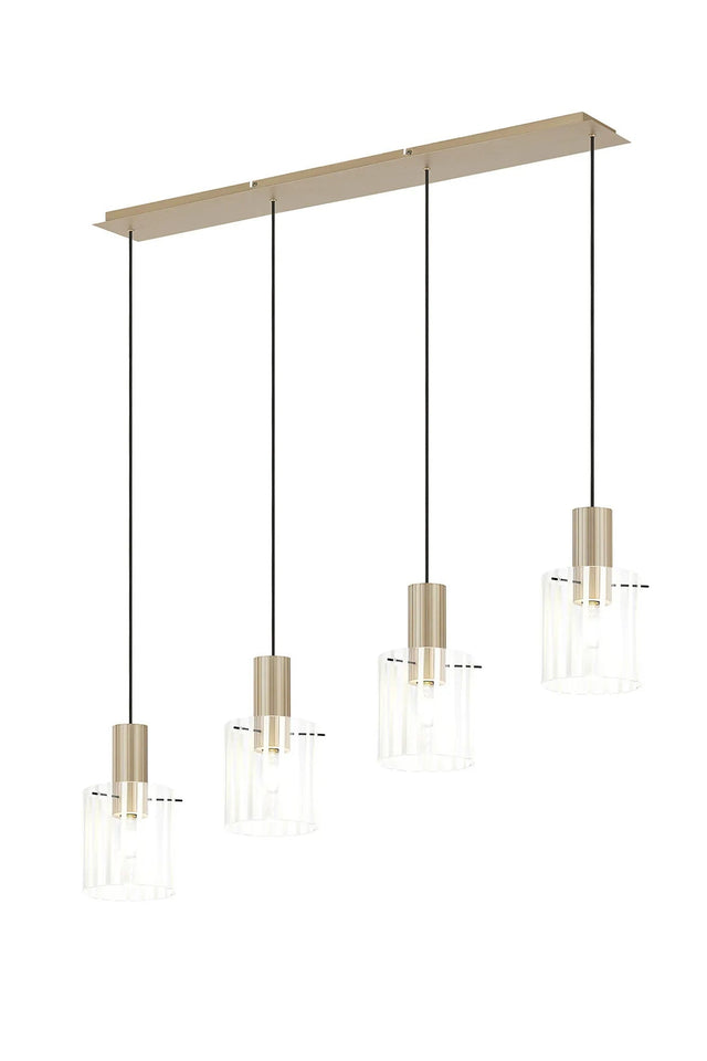 Aouchiche Linear Pendant, 4 Light Adjustable E27, Light Gold/Frosted/Clear Wide Line Glass