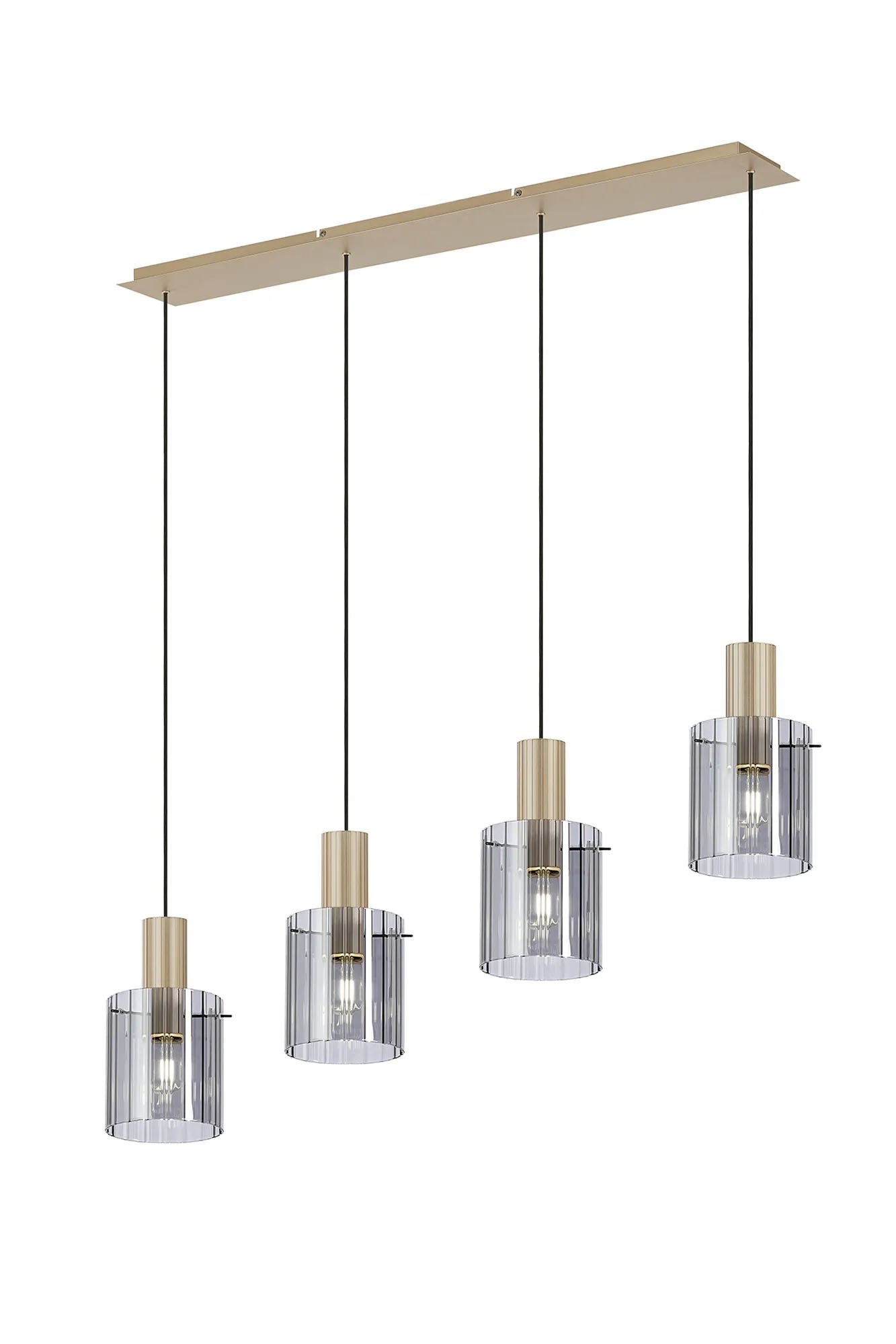 Aouchiche Linear Pendant, 4 Light Adjustable E27, Light Gold/Smoke Wide Line Glass