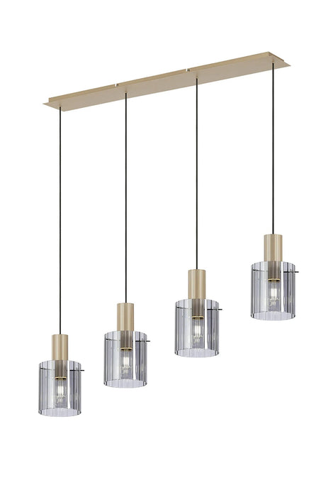 Aouchiche Linear Pendant, 4 Light Adjustable E27, Light Gold/Smoke Wide Line Glass