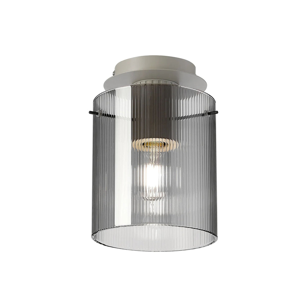 Aouchiche Round Ceiling Flush, 1 Light Flush Fitting E27, Beige Stone/Smoke Narrow Line Glass