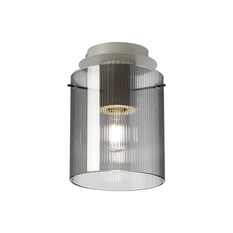 Aouchiche Round Ceiling Flush, 1 Light Flush Fitting E27, Beige Stone/Smoke Narrow Line Glass