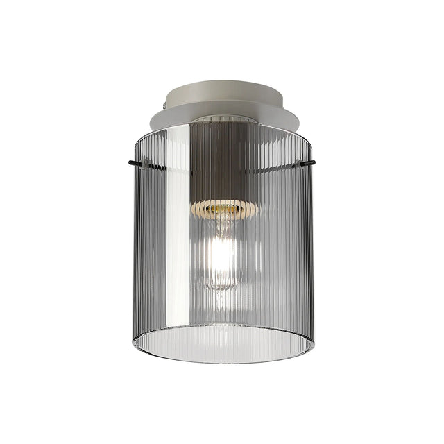 Aouchiche Round Ceiling Flush, 1 Light Flush Fitting E27, Beige Stone/Smoke Narrow Line Glass