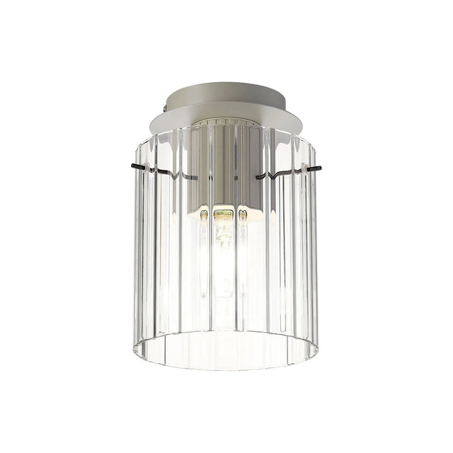 Aouchiche Round Ceiling Flush, 1 Light Flush Fitting E27, Beige Stone/Clear Wide Line Glass