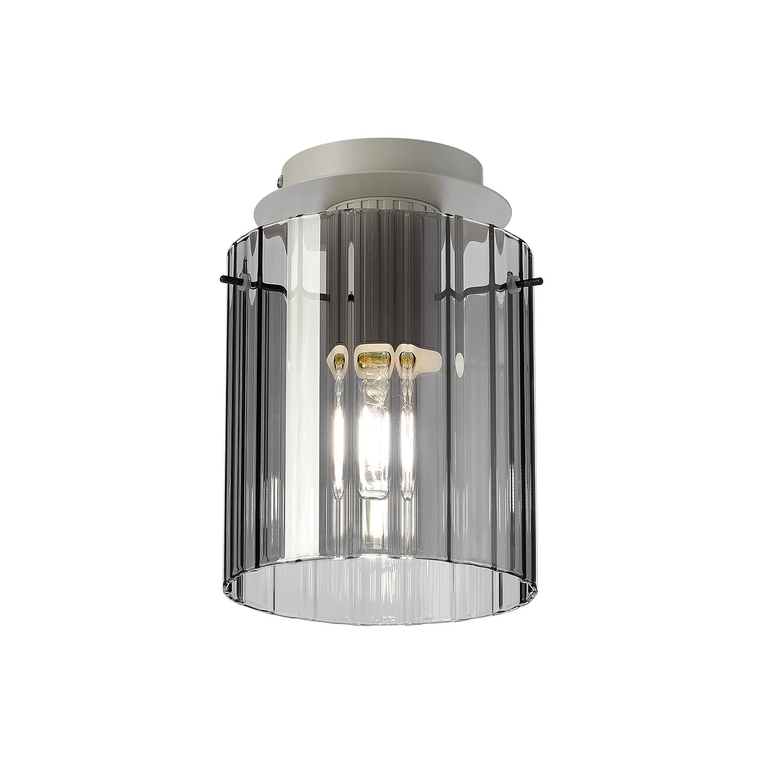 Aouchiche Round Ceiling Flush, 1 Light Flush Fitting E27, Beige Stone/Smoke Wide Line Glass