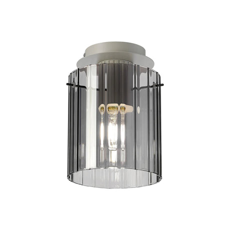 Aouchiche Round Ceiling Flush, 1 Light Flush Fitting E27, Beige Stone/Smoke Wide Line Glass