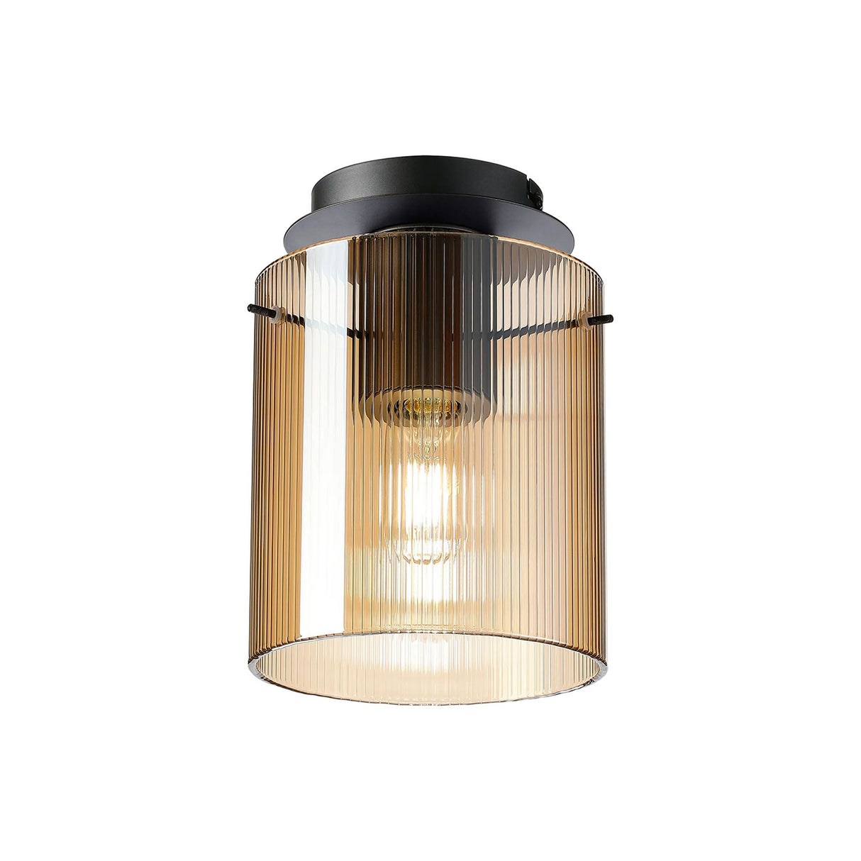 Aouchiche Round Ceiling Flush, 1 Light Flush Fitting E27, Dark Grey/Amber Narrow Line Glass