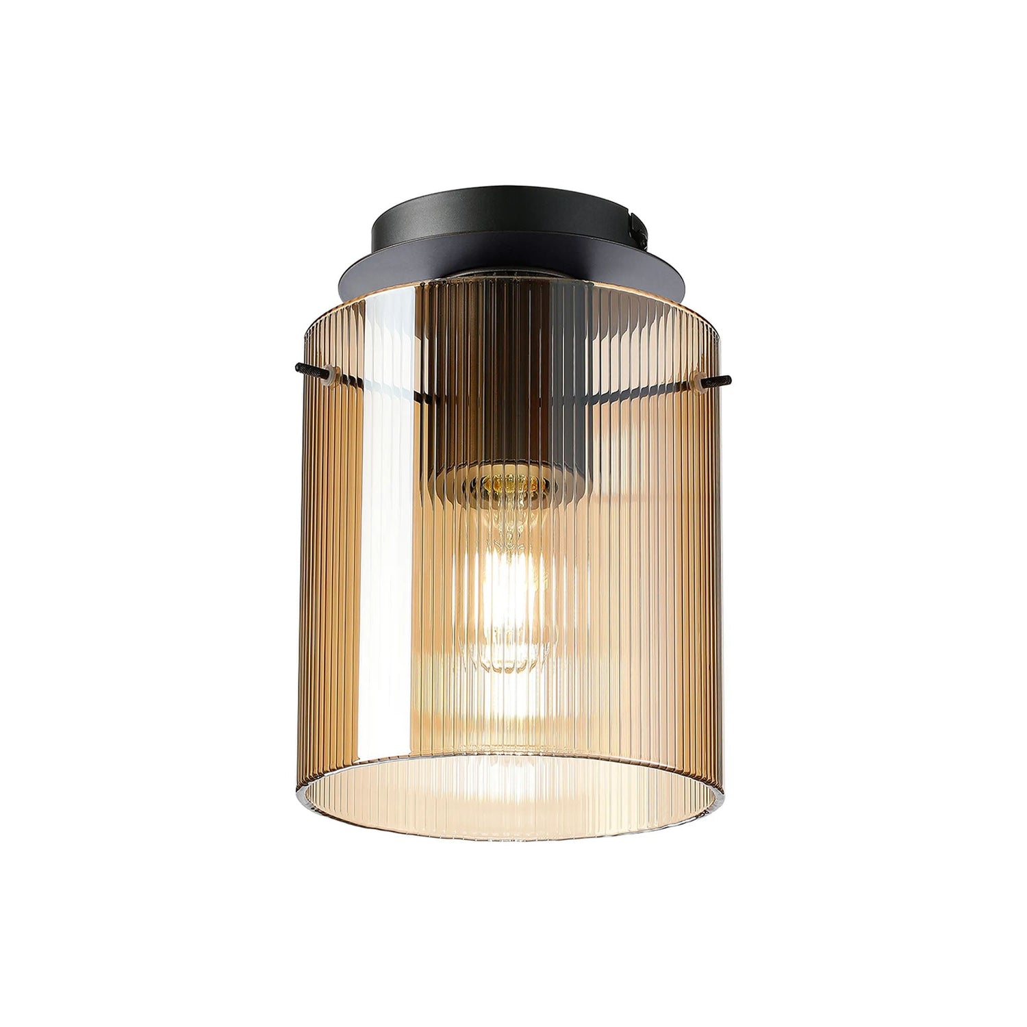 Aouchiche Round Ceiling Flush, 1 Light Flush Fitting E27, Dark Grey/Amber Narrow Line Glass
