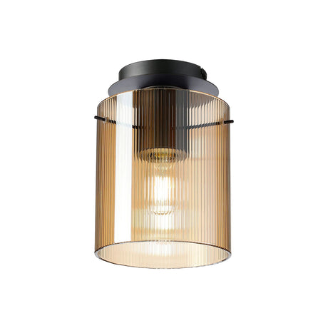 Aouchiche Round Ceiling Flush, 1 Light Flush Fitting E27, Dark Grey/Amber Narrow Line Glass