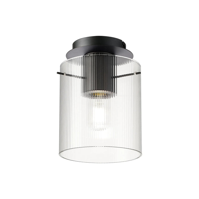 Aouchiche Round Ceiling Flush, 1 Light Flush Fitting E27, Dark Grey/Clear Narrow Line Glass