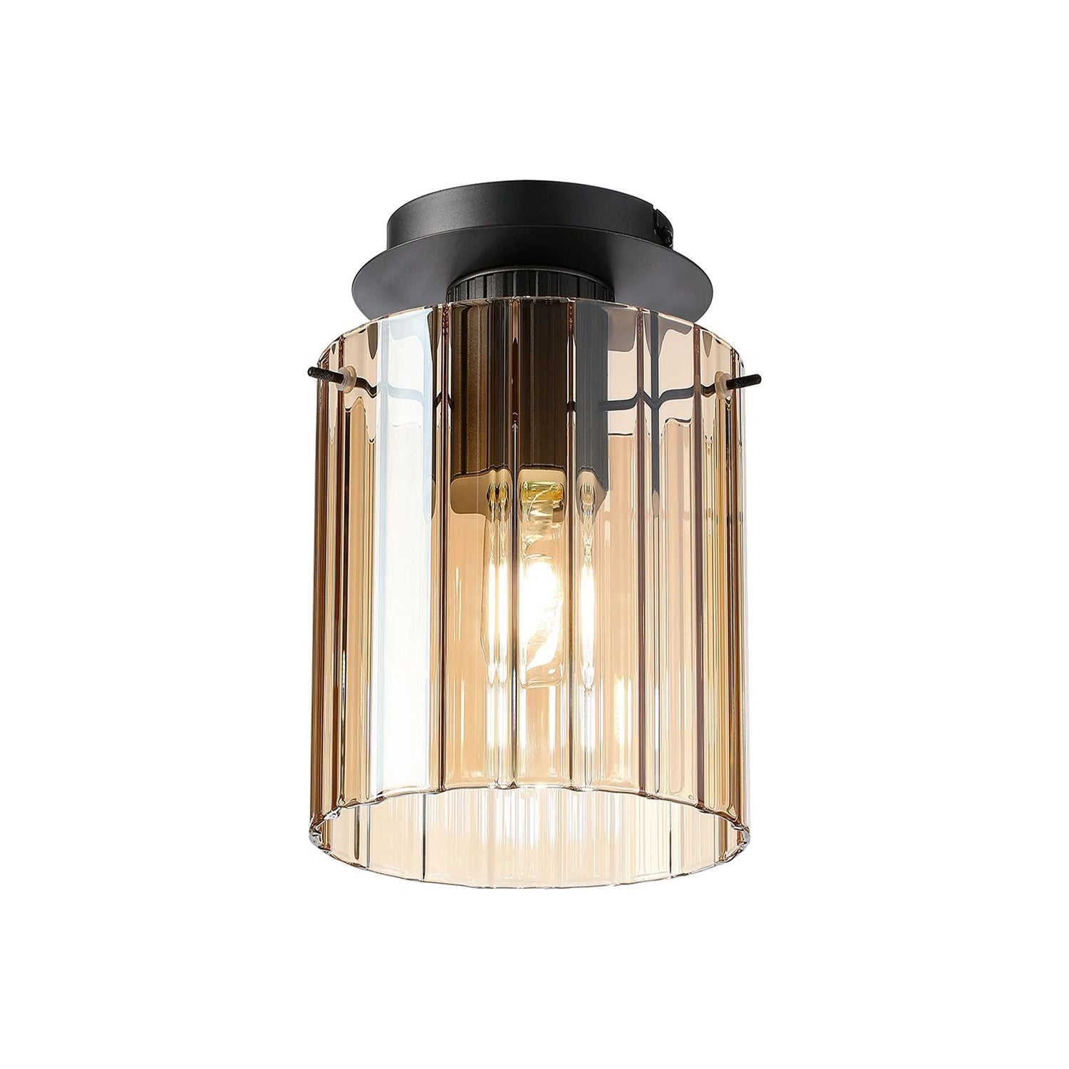 Aouchiche Round Ceiling Flush, 1 Light Flush Fitting E27, Dark Grey/Amber Wide Line Glass