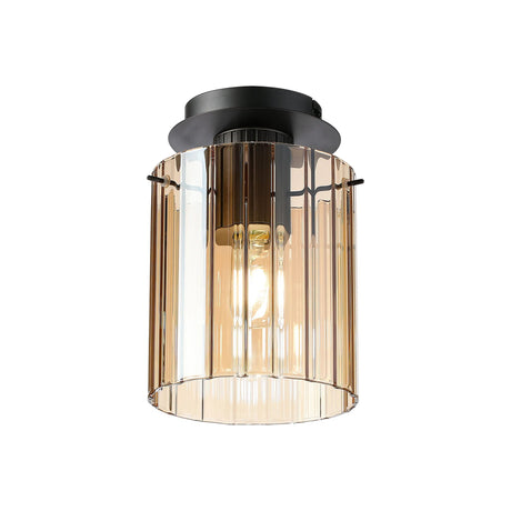 Aouchiche Round Ceiling Flush, 1 Light Flush Fitting E27, Dark Grey/Amber Wide Line Glass