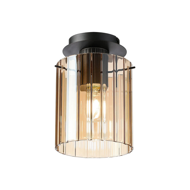Aouchiche Round Ceiling Flush, 1 Light Flush Fitting E27, Dark Grey/Amber Wide Line Glass